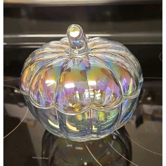 Beautiful Irridescent Heavy Glass Pumpkin Candy Display Bowl 7” X 7” - Picture 2 of 9